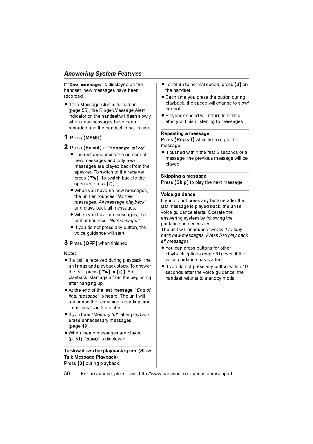 Panasonic KX-TG2388 operating instructions To slow down the playback speed Slow Talk Message Playback, Voice guidance 