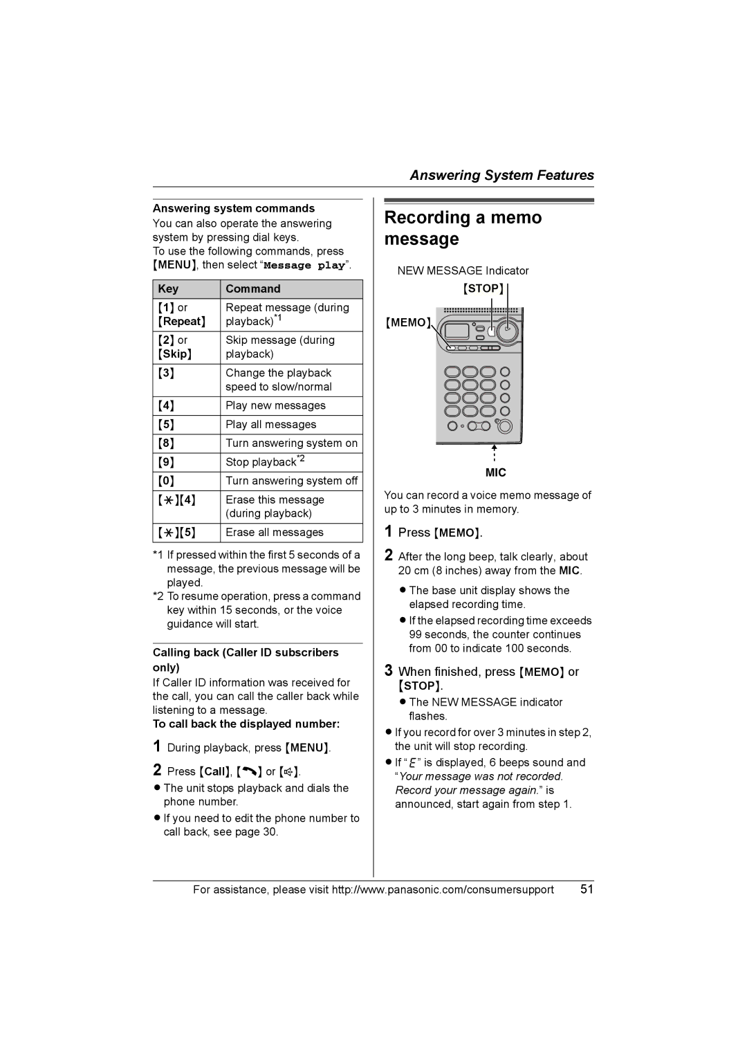 Panasonic KX-TG2388 operating instructions Recording a memo message 