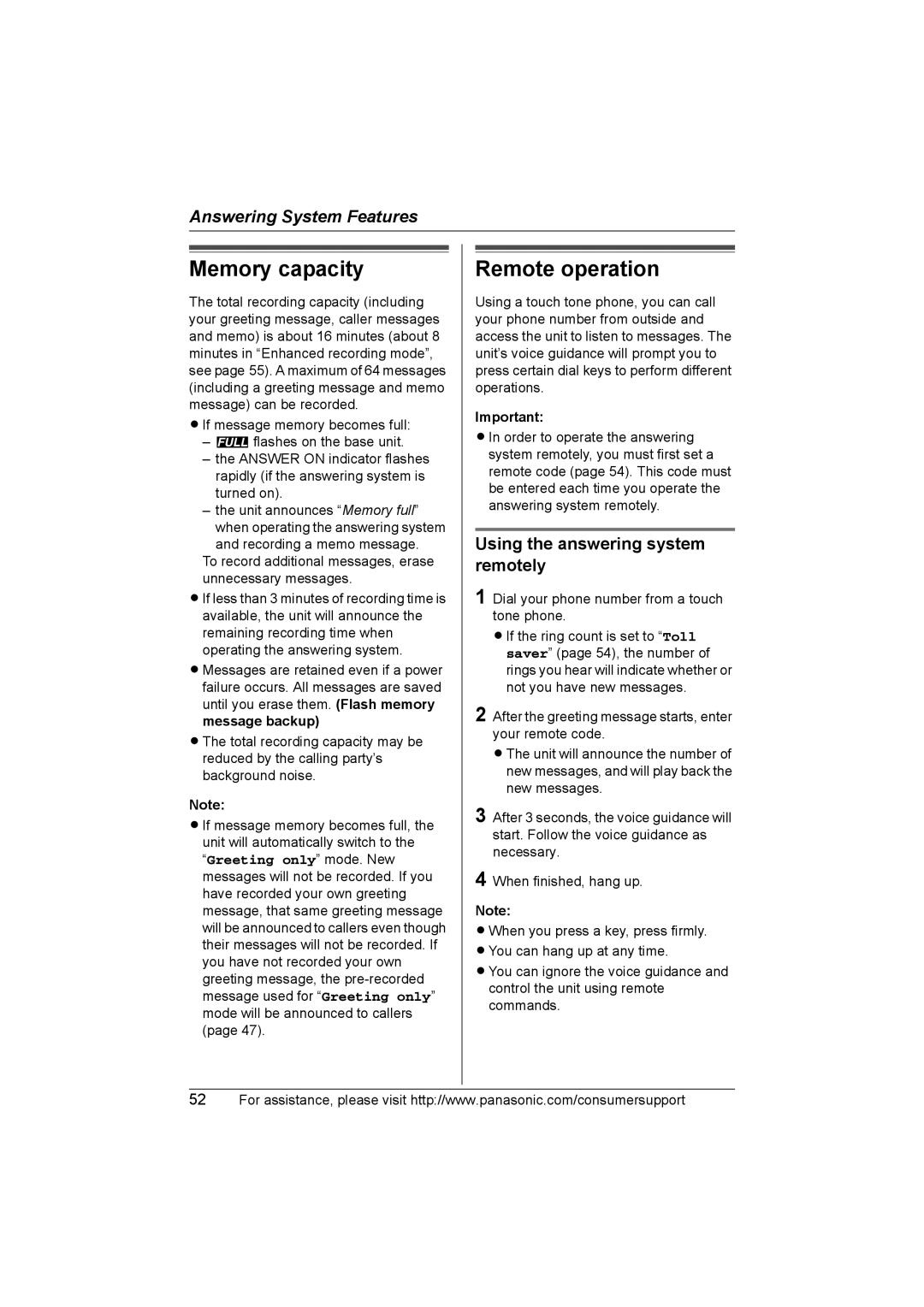 Panasonic KX-TG2388 operating instructions Memory capacity, Remote operation, Using the answering system remotely 