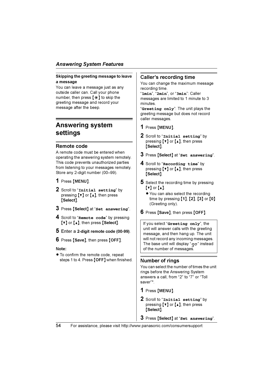 Panasonic KX-TG2388 operating instructions Settings, Caller’s recording time, Remote code, Number of rings 