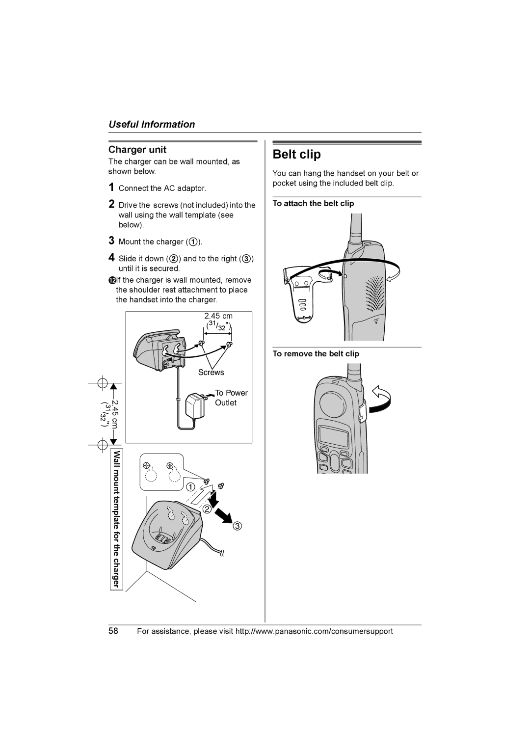 Panasonic KX-TG2388 Belt clip, Charger unit, Mount, For the charger, To attach the belt clip To remove the belt clip 