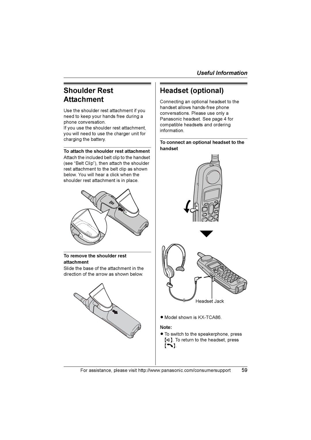 Panasonic KX-TG2388 Shoulder Rest Attachment, Headset optional, To attach the shoulder rest attachment 