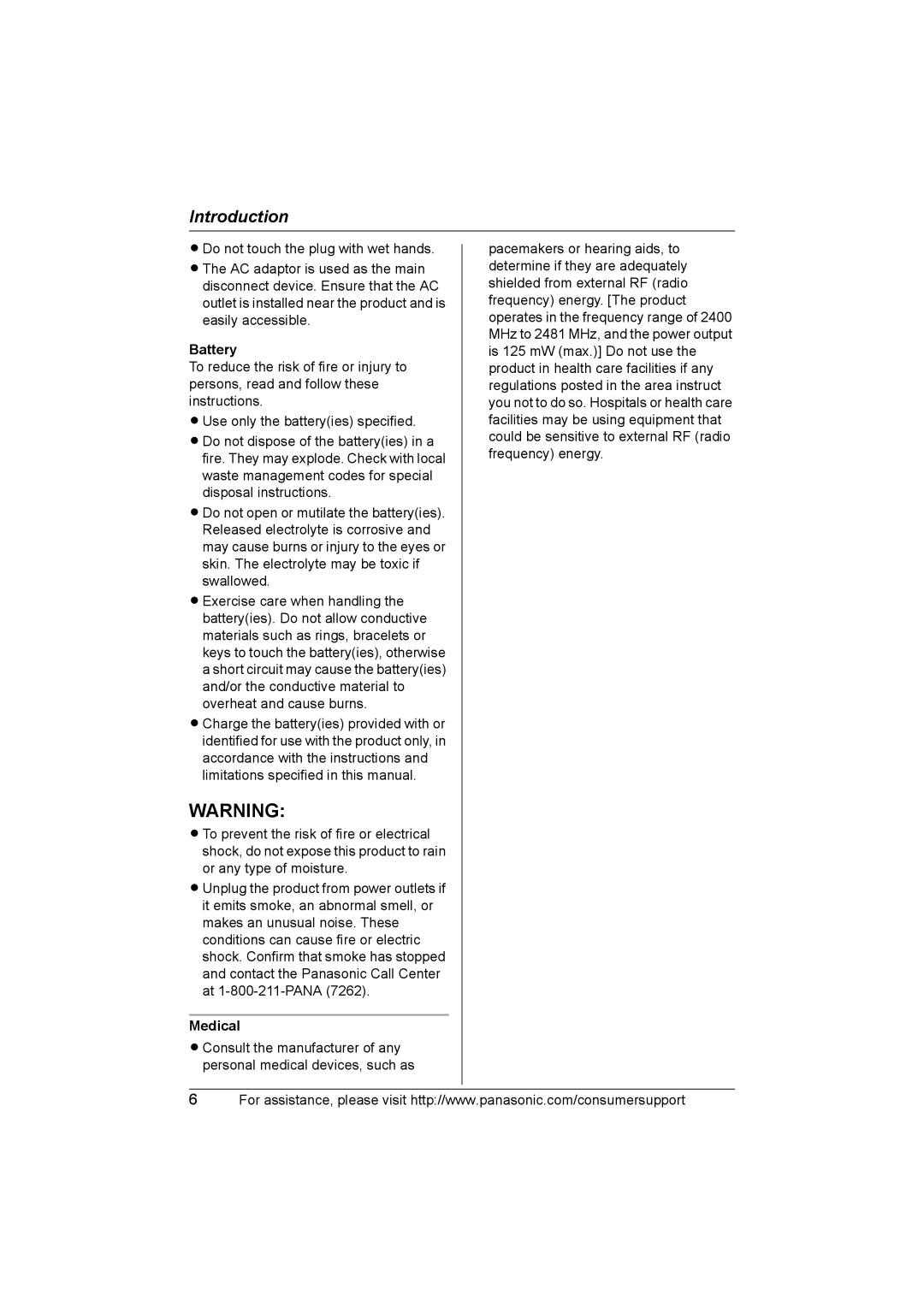 Panasonic KX-TG2388 operating instructions Battery, Medical 