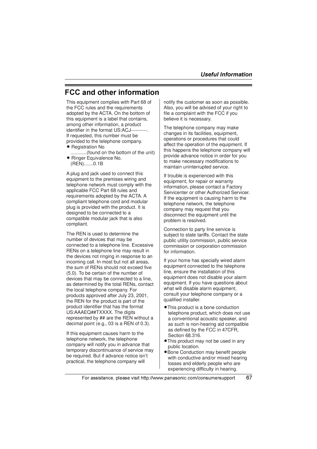 Panasonic KX-TG2388 operating instructions FCC and other information 