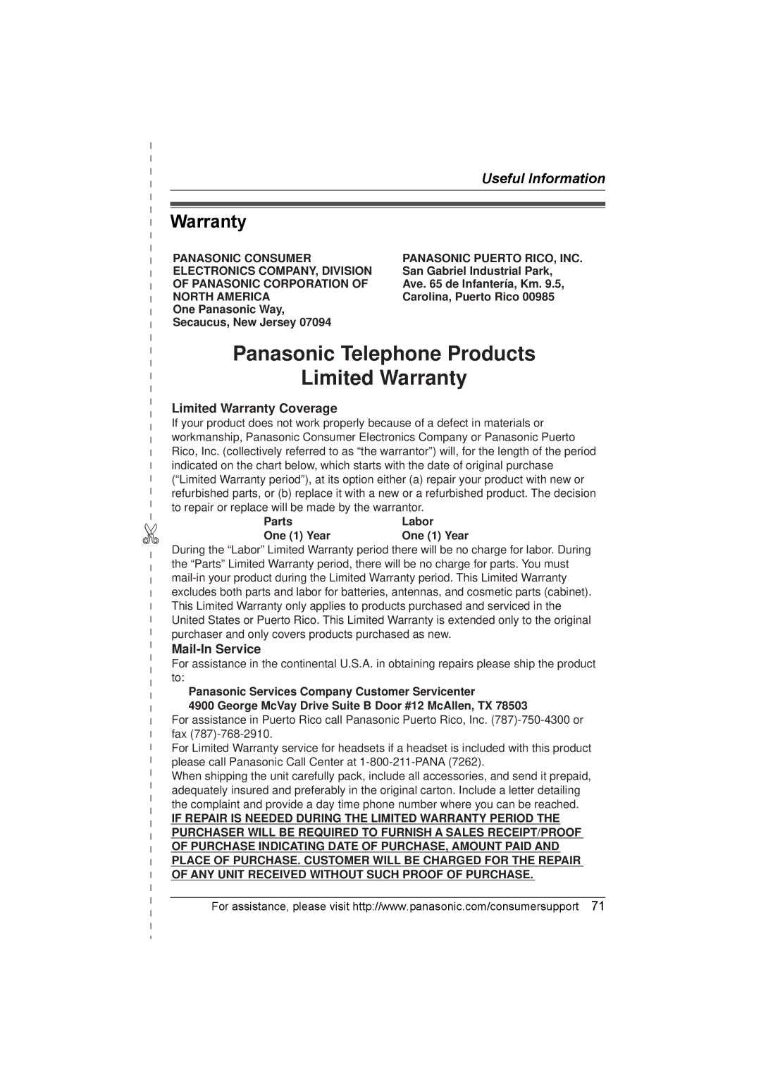 Panasonic KX-TG2388 operating instructions Warranty 