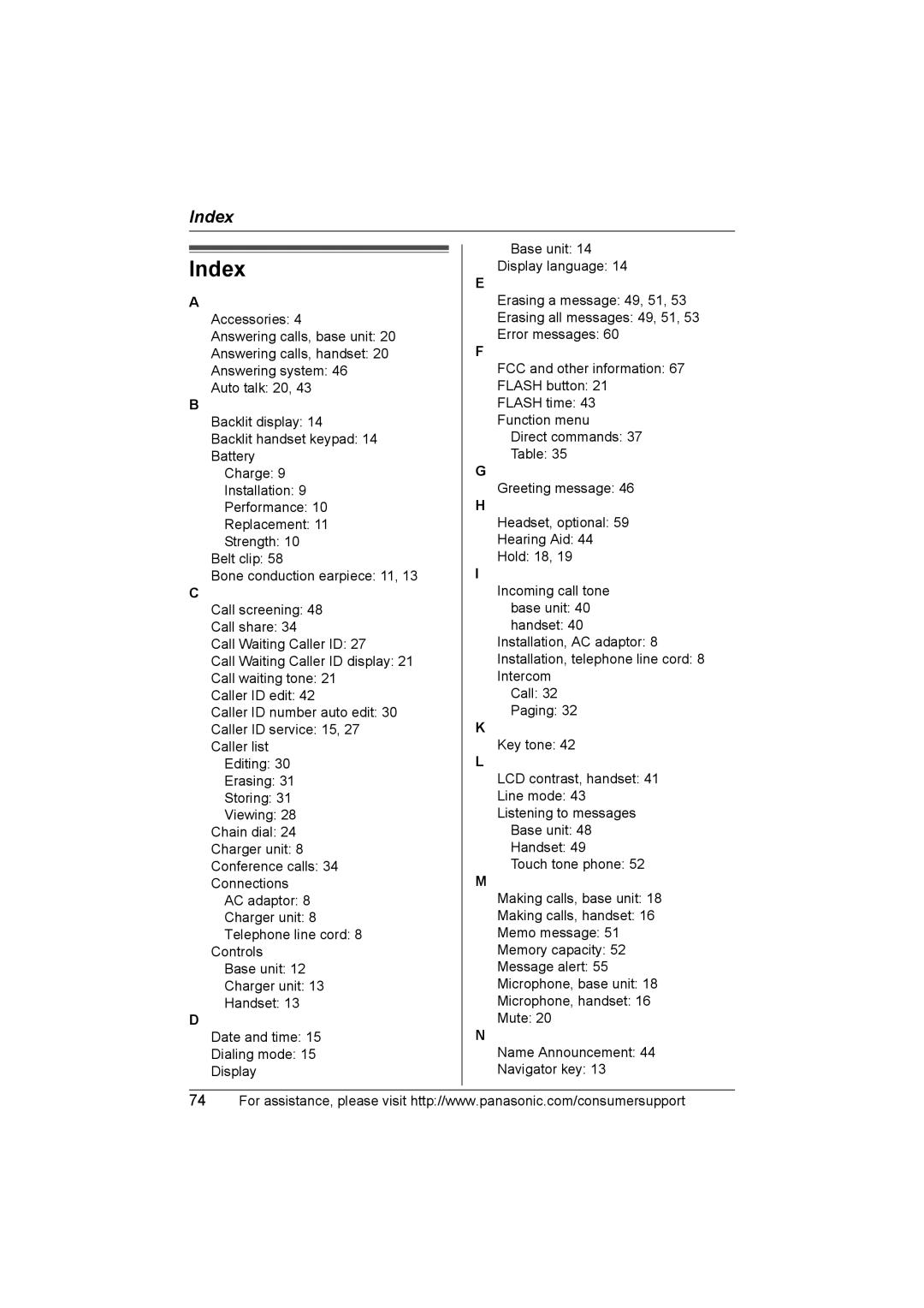 Panasonic KX-TG2388 operating instructions Index 