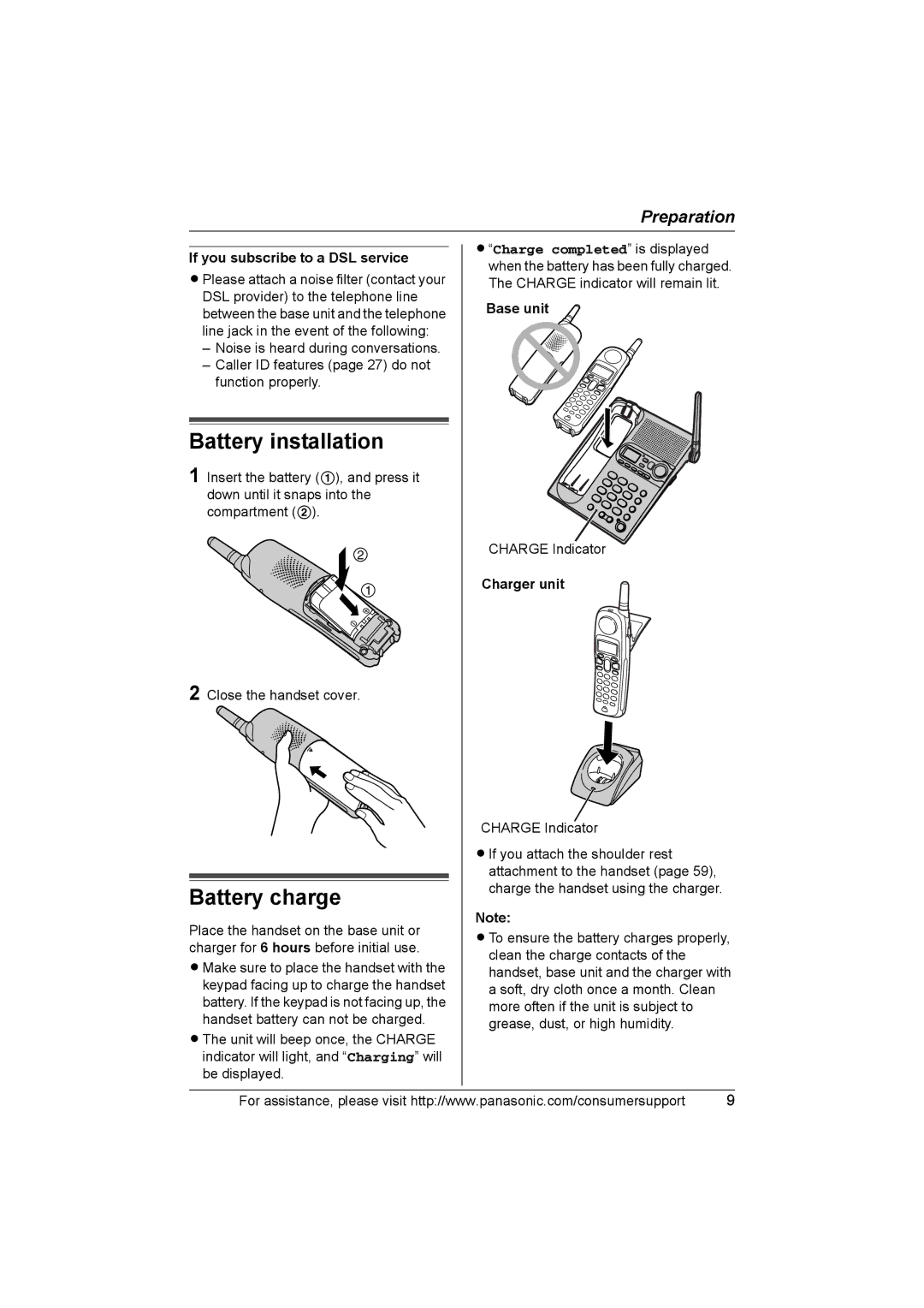 Panasonic KX-TG2388 operating instructions Battery installation, Battery charge, If you subscribe to a DSL service 