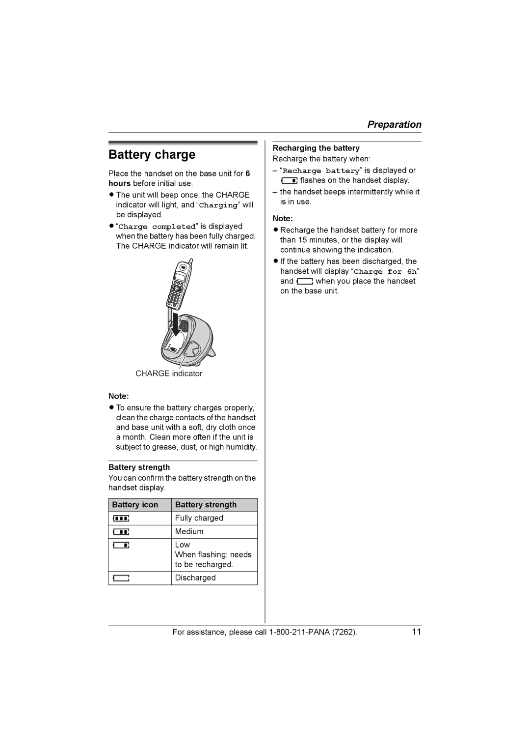 Panasonic KX-TG2420 operating instructions Battery charge, Battery icon Battery strength, Recharging the battery 