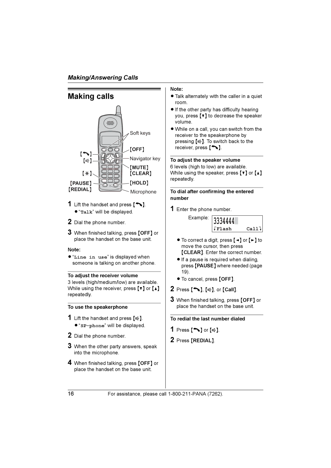 Panasonic KX-TG2420 Making calls, To adjust the speaker volume, To dial after confirming the entered number, KFlash CallL 