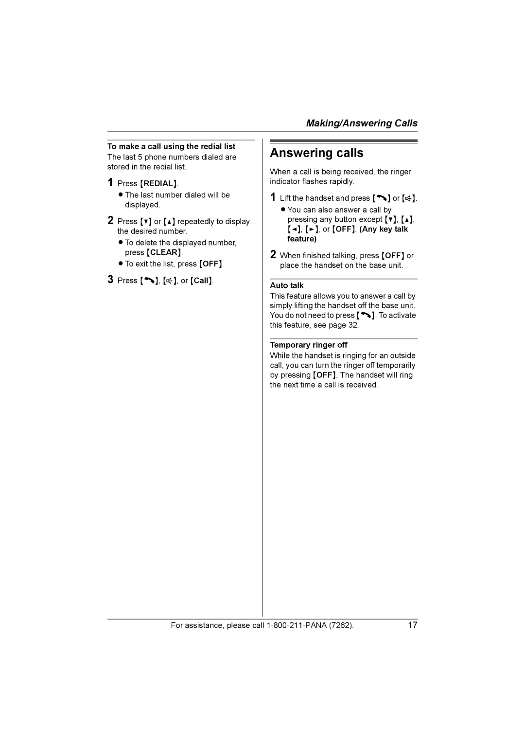 Panasonic KX-TG2420 Answering calls, To make a call using the redial list, Auto talk, Temporary ringer off 