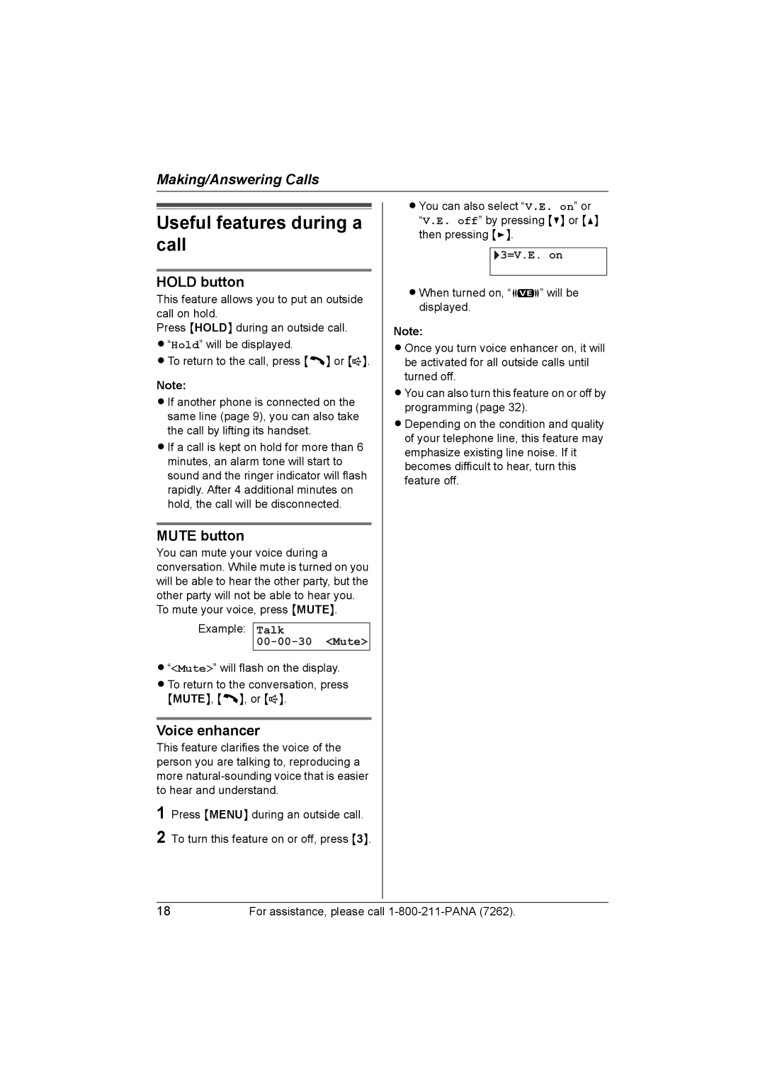 Panasonic KX-TG2420 operating instructions Useful features during a call, Hold button, Mute button, Voice enhancer 