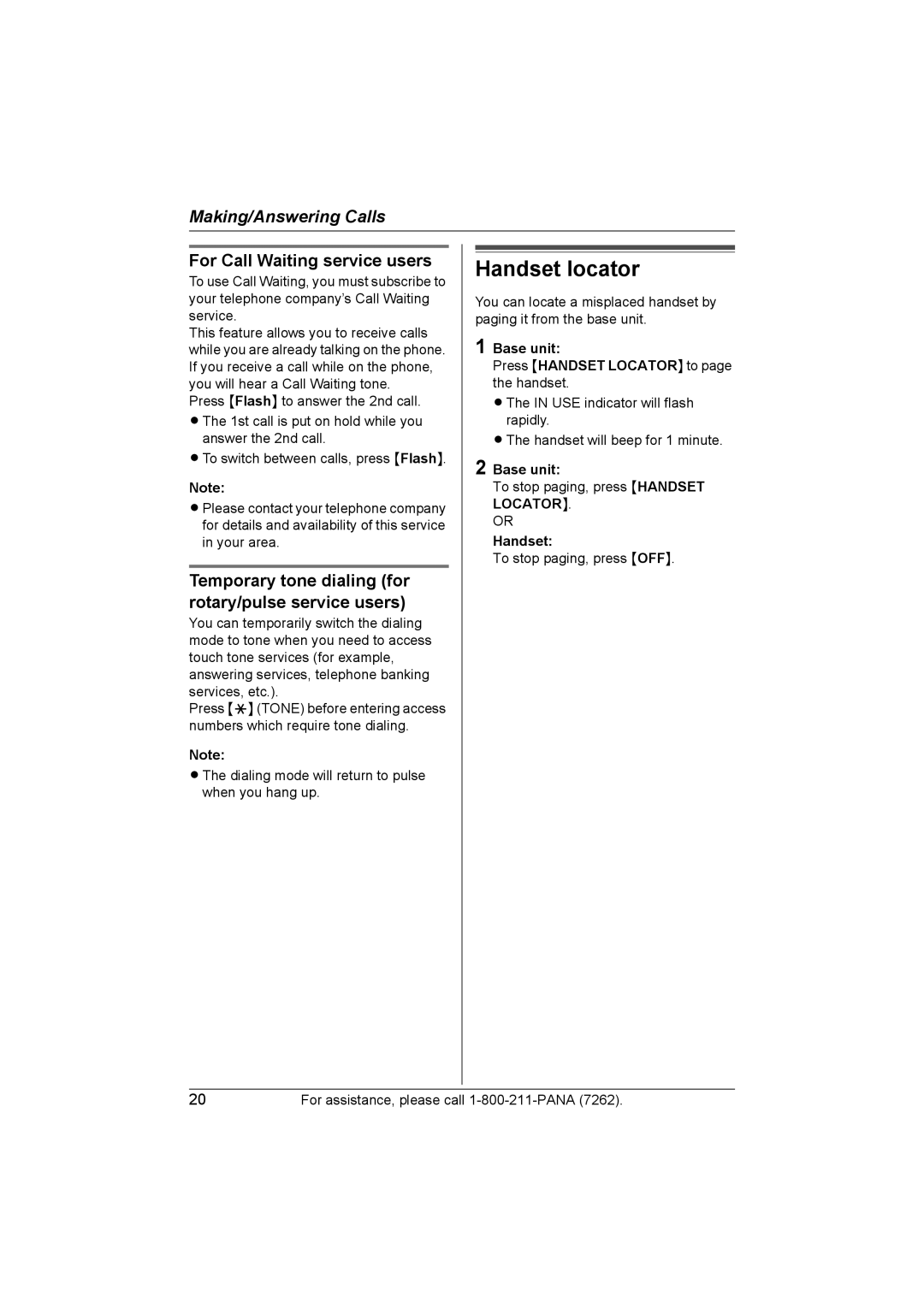 Panasonic KX-TG2420 Handset locator, For Call Waiting service users, Temporary tone dialing for rotary/pulse service users 