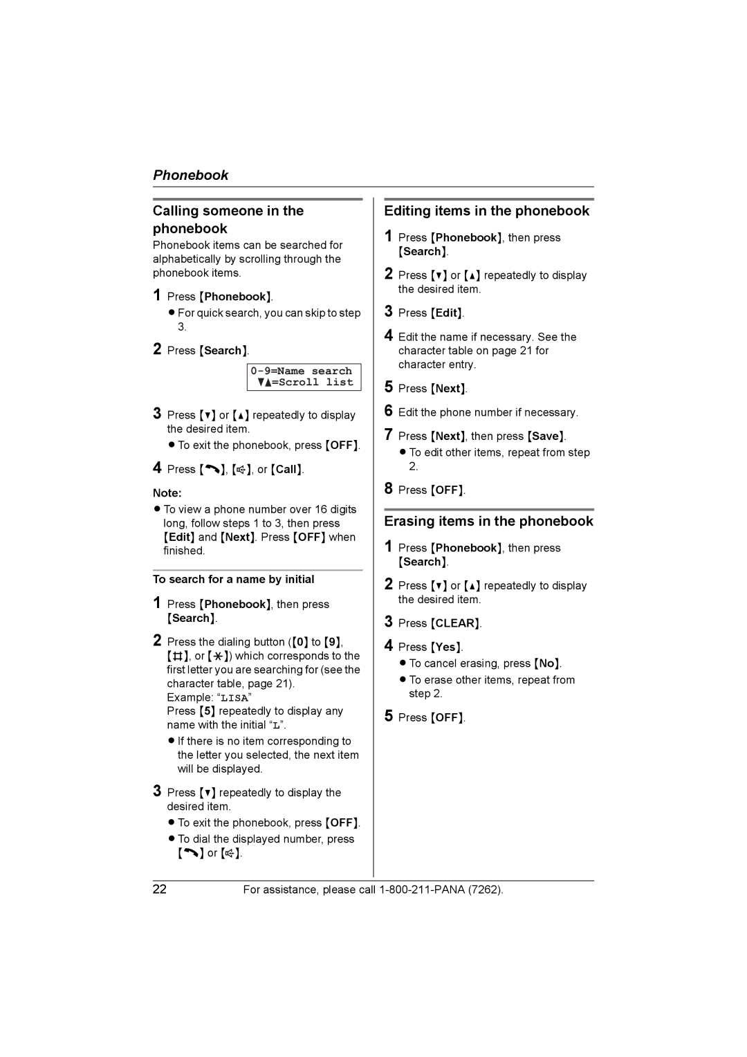 Panasonic KX-TG2420 Calling someone in the phonebook, Editing items in the phonebook, Erasing items in the phonebook 