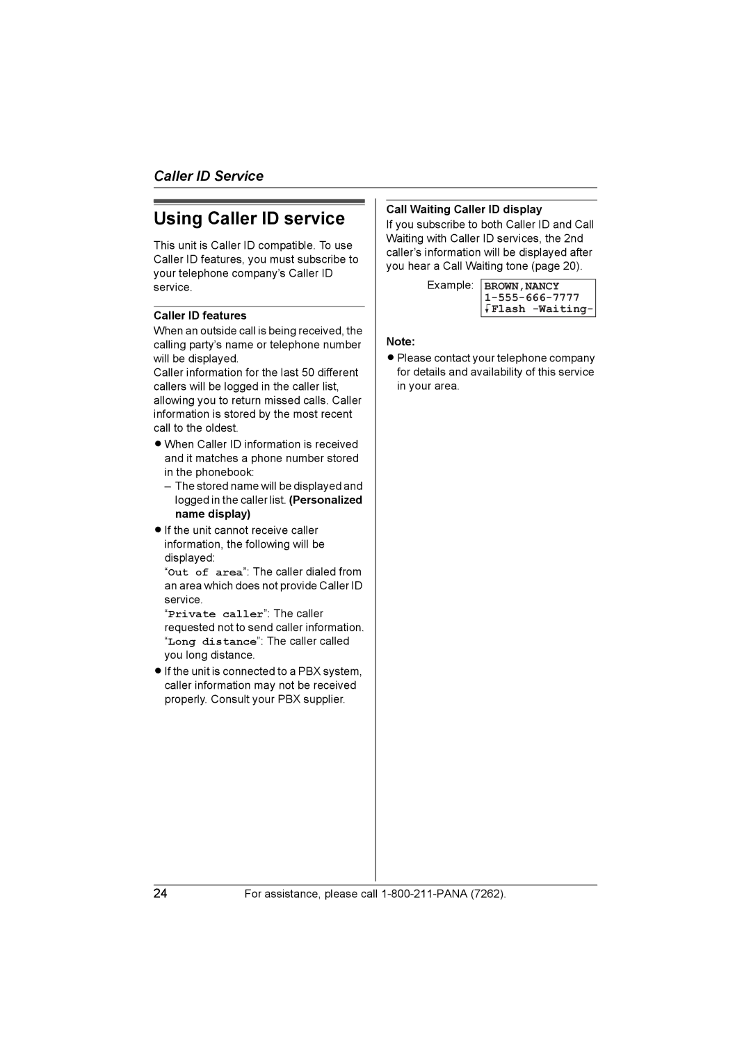 Panasonic KX-TG2420 operating instructions Using Caller ID service, Caller ID features, Call Waiting Caller ID display 