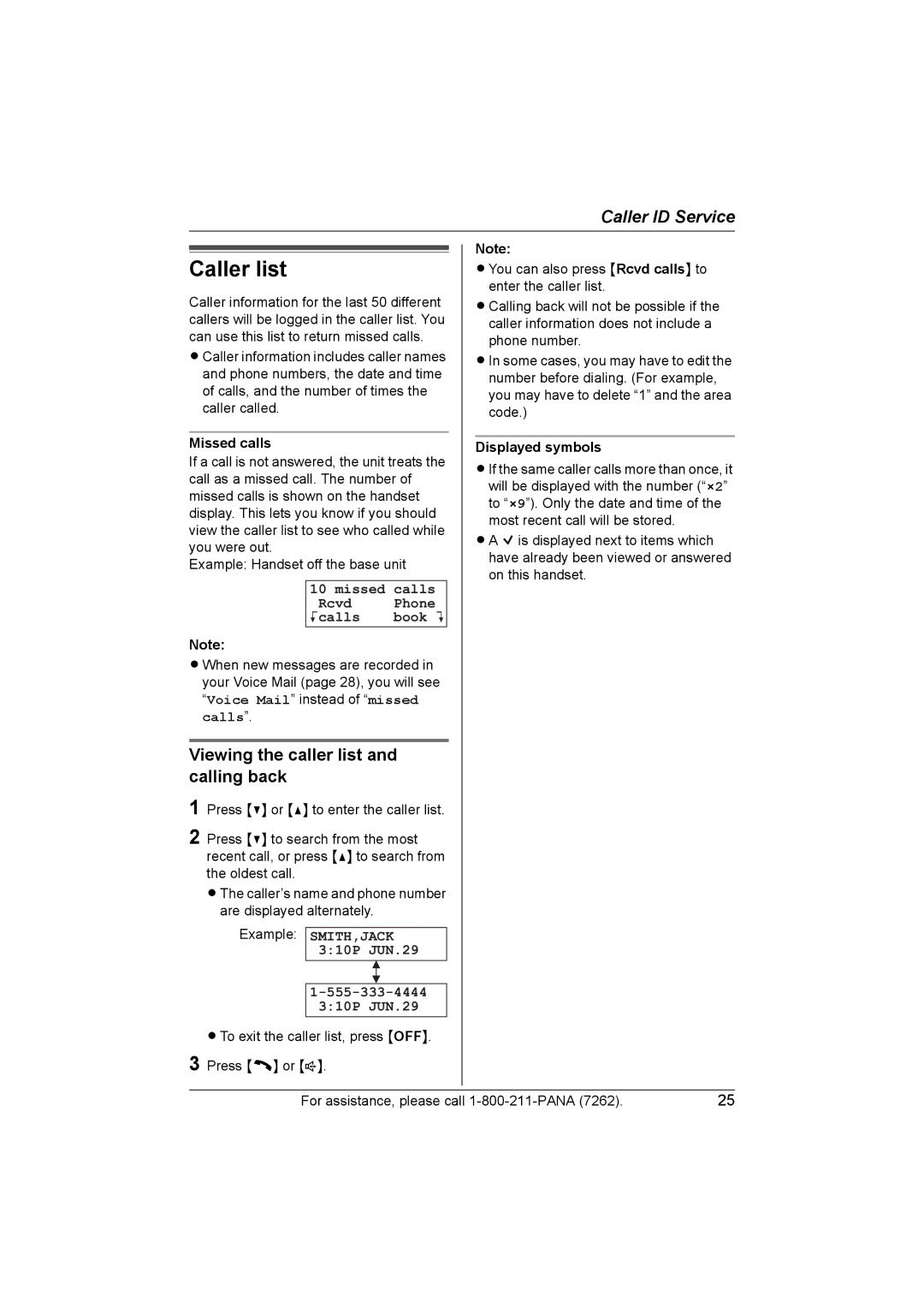 Panasonic KX-TG2420 Caller list, Viewing the caller list and calling back, Missed Calls Rcvd Phone Kcalls Book L 