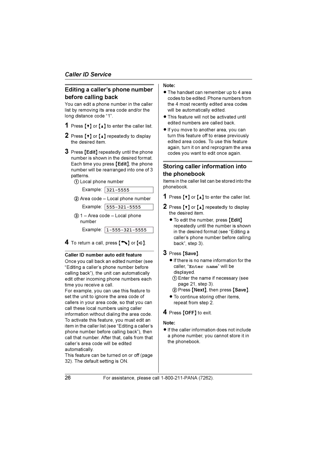 Panasonic KX-TG2420 Editing a caller’s phone number before calling back, Storing caller information into the phonebook 