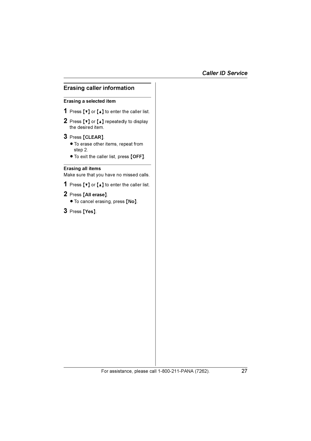 Panasonic KX-TG2420 operating instructions Erasing caller information, Erasing a selected item, Erasing all items 