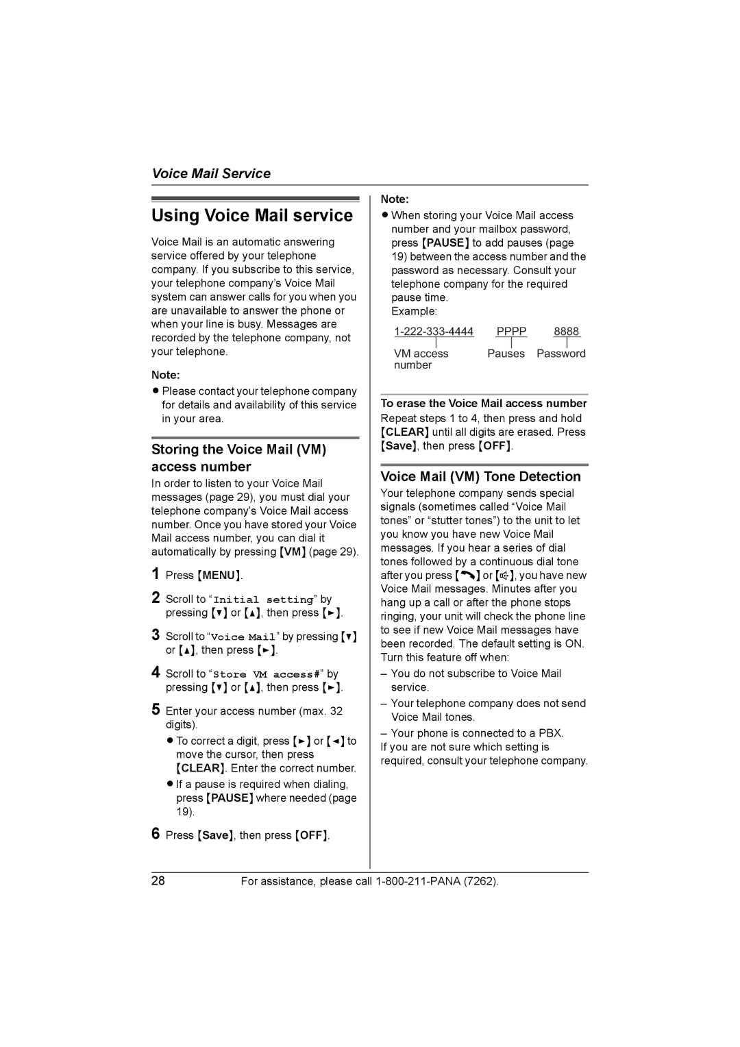 Panasonic KX-TG2420 Using Voice Mail service, Storing the Voice Mail VM access number, Voice Mail VM Tone Detection 