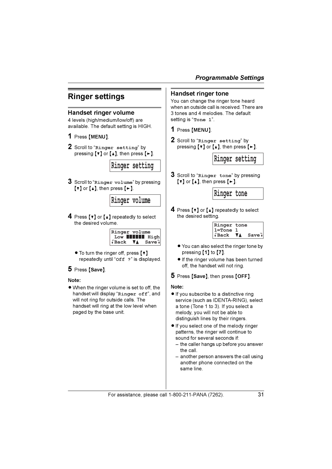 Panasonic KX-TG2420 Ringer settings, Handset ringer volume, Handset ringer tone, Ringer volume Low High KBack dB SaveL 