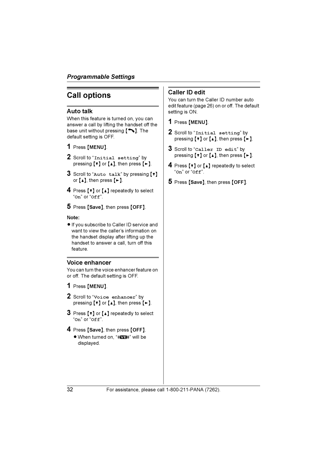 Panasonic KX-TG2420 operating instructions Call options, Auto talk, Caller ID edit 