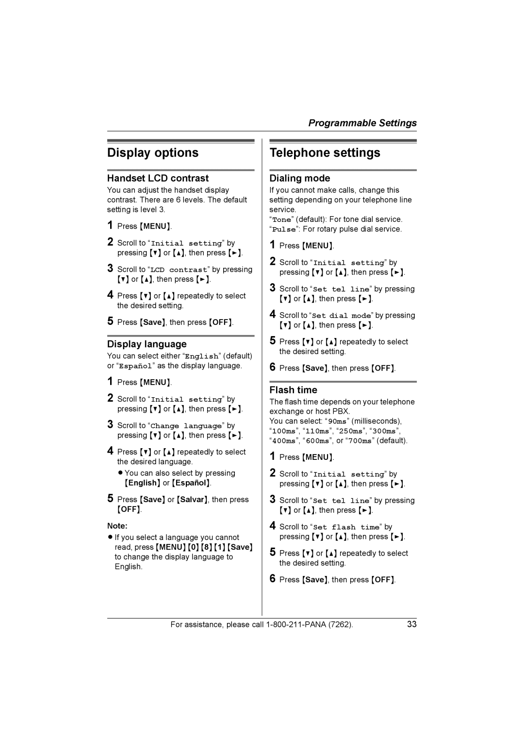 Panasonic KX-TG2420 operating instructions Display options, Telephone settings 