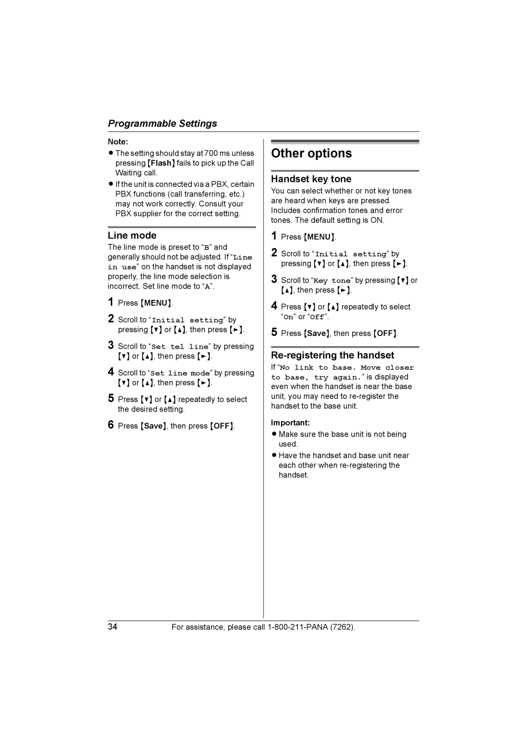 Panasonic KX-TG2420 operating instructions Other options, Line mode, Handset key tone, Re-registering the handset 