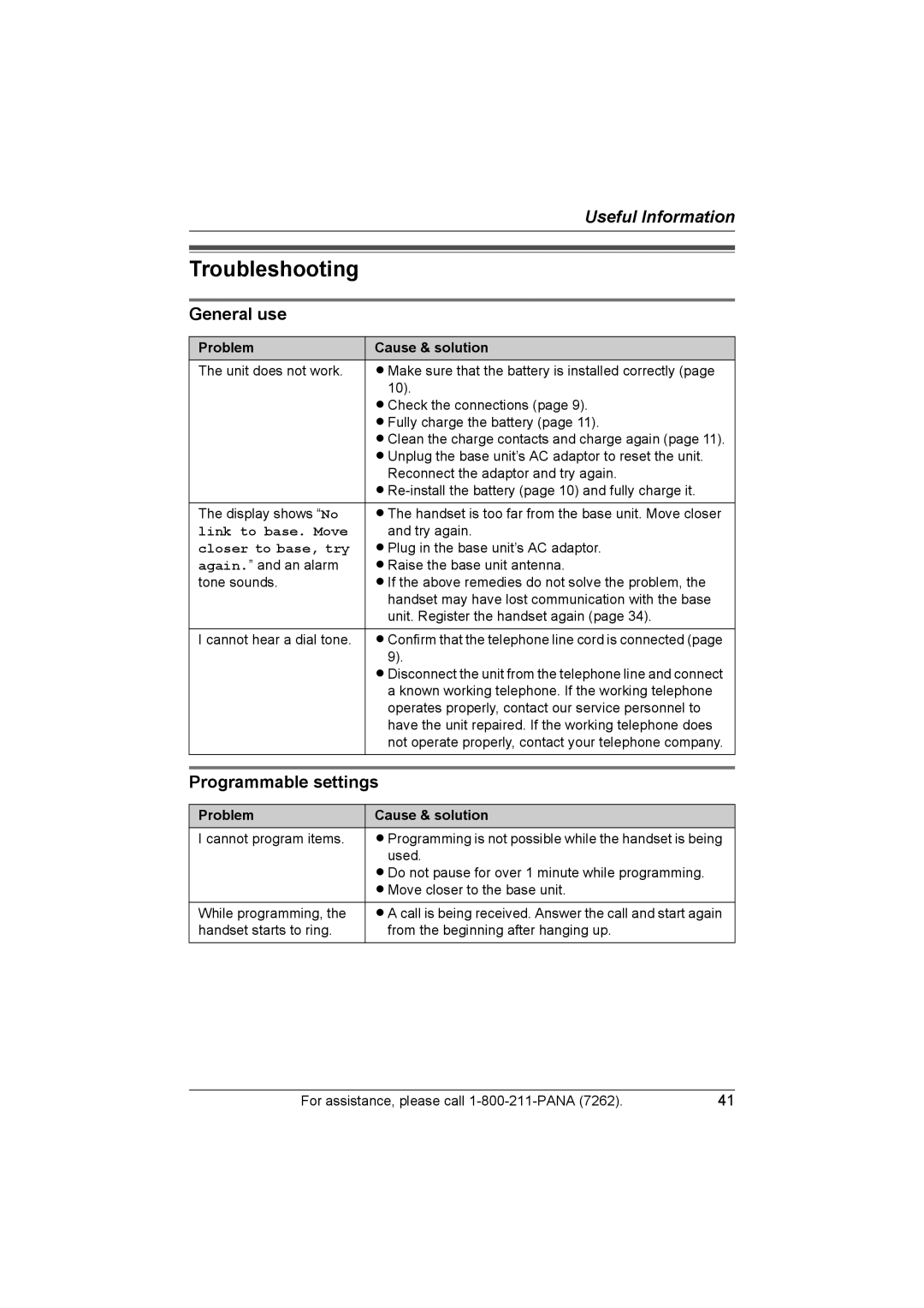 Panasonic KX-TG2420 General use, Programmable settings, Problem Cause & solution, Link to base. Move, Closer to base, try 
