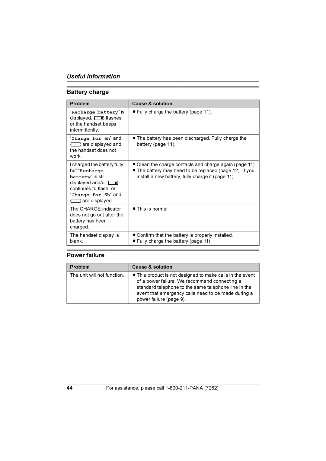 Panasonic KX-TG2420 operating instructions Battery charge, Power failure, Recharge battery is, But Recharge 