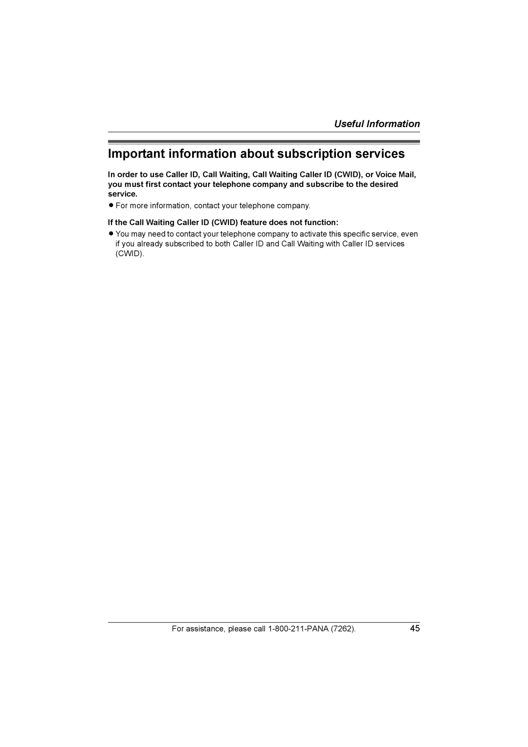 Panasonic KX-TG2420 operating instructions Important information about subscription services 