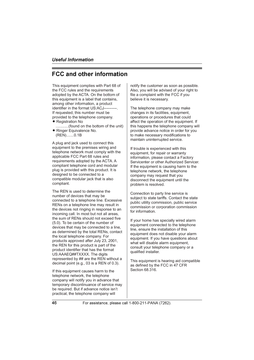 Panasonic KX-TG2420 operating instructions FCC and other information 