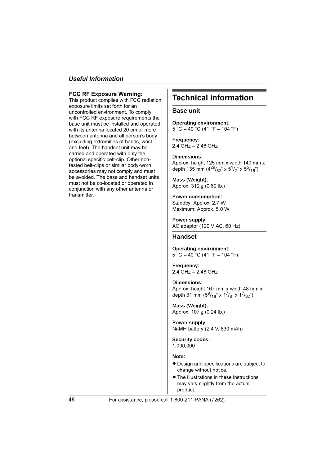 Panasonic KX-TG2420 operating instructions Technical information, Base unit, Handset 