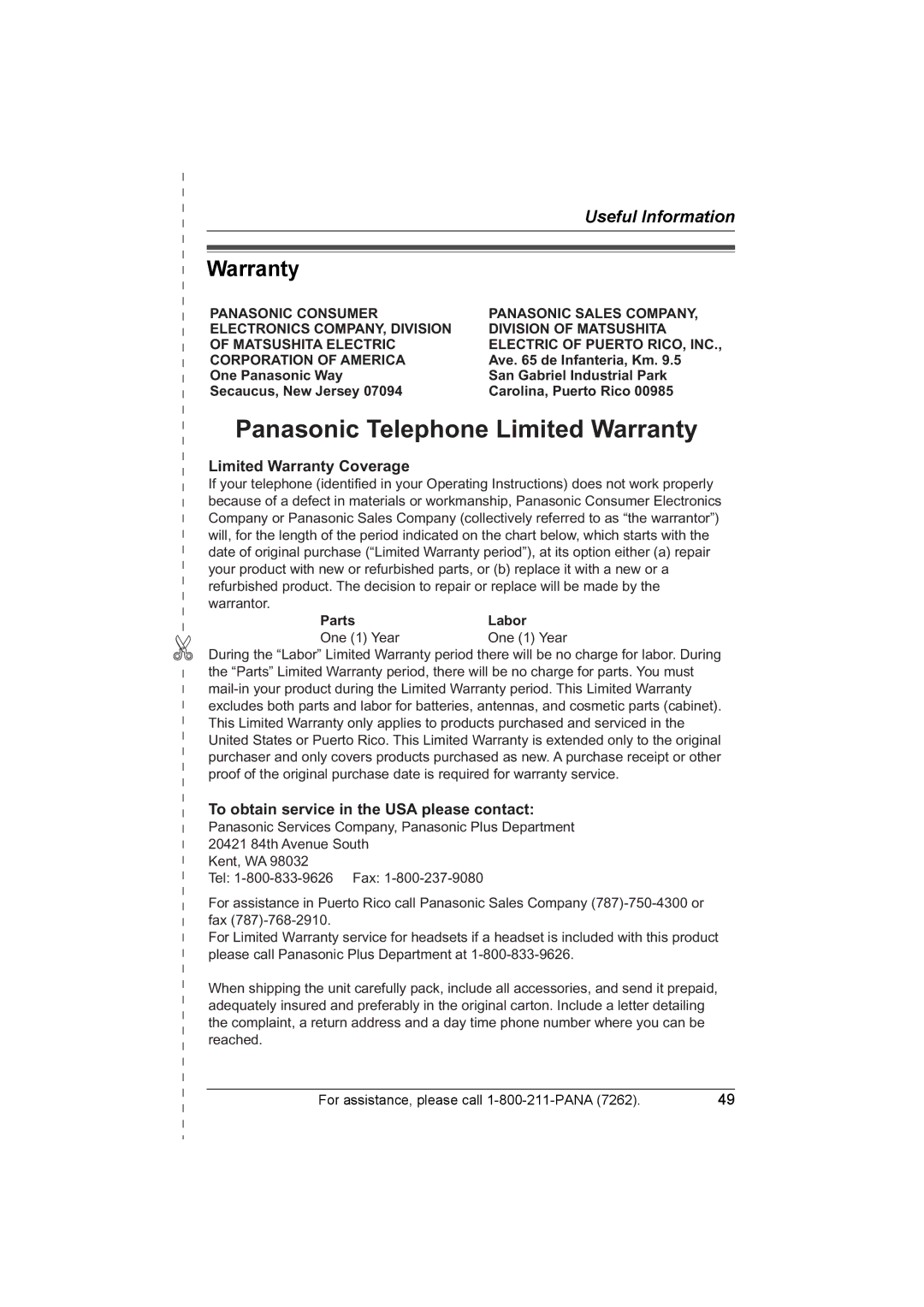 Panasonic KX-TG2420 operating instructions Warranty, Ave de Infanteria, Km, Parts Labor One 1 Year 