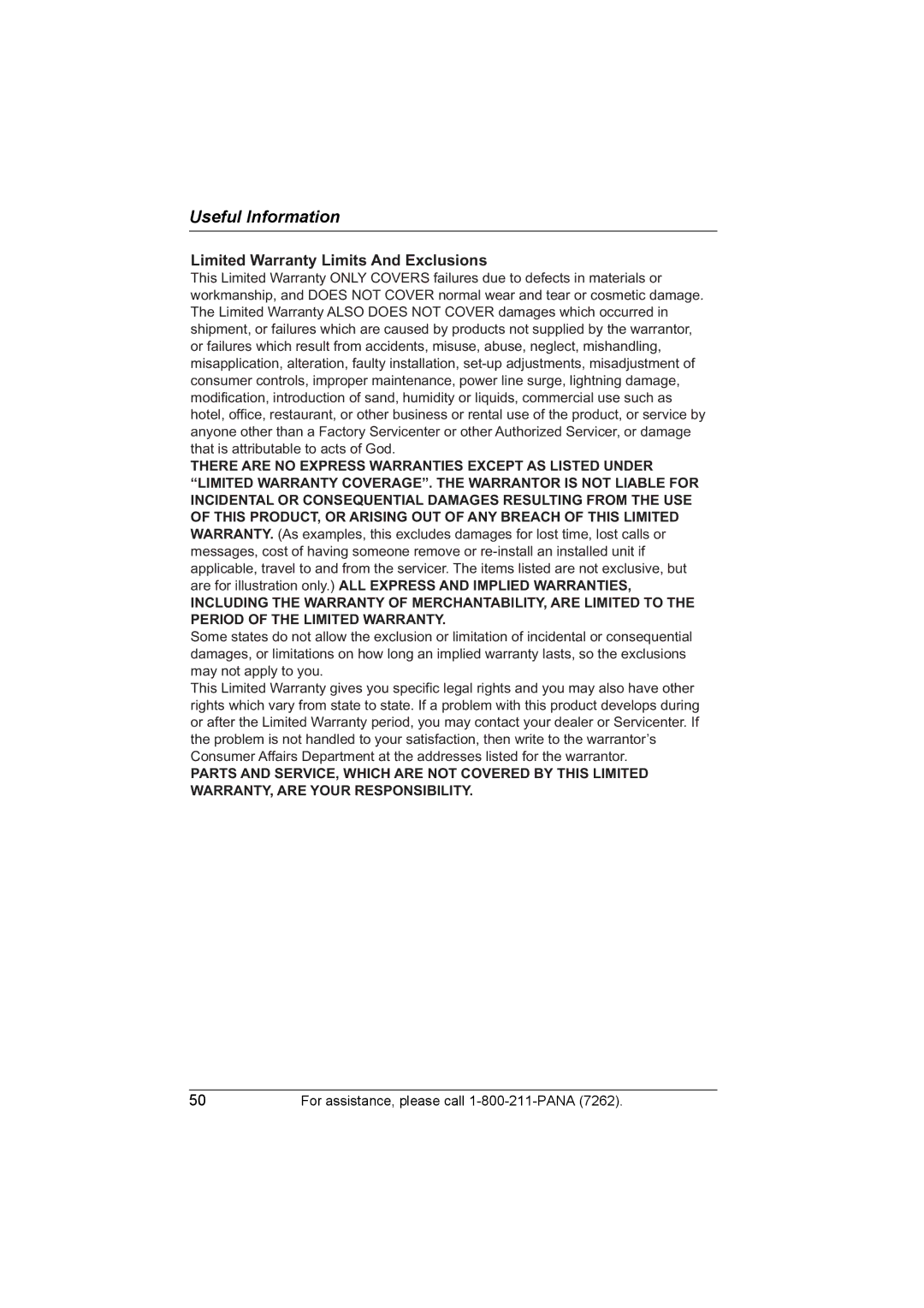 Panasonic KX-TG2420 operating instructions Limited Warranty Limits And Exclusions 