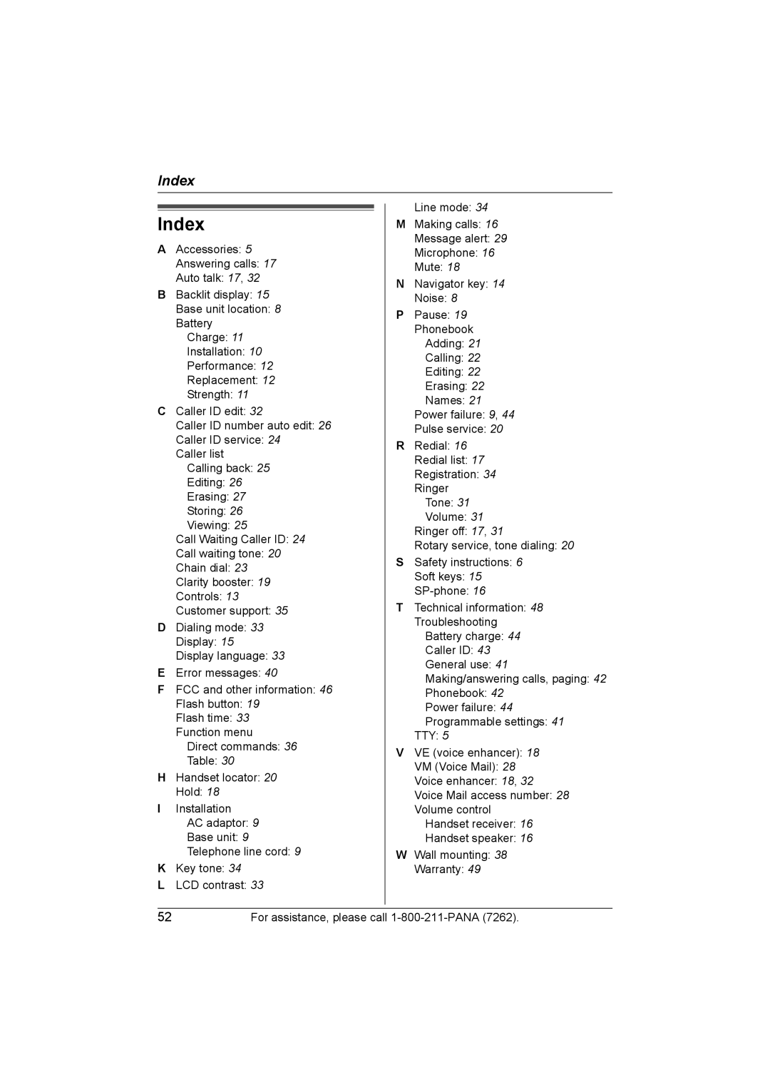 Panasonic KX-TG2420 operating instructions Index 