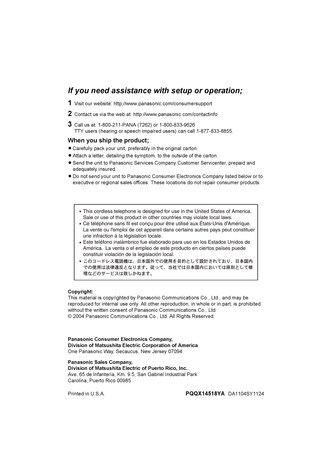 Panasonic KX-TG2420 operating instructions If you need assistance with setup or operation, When you ship the product 