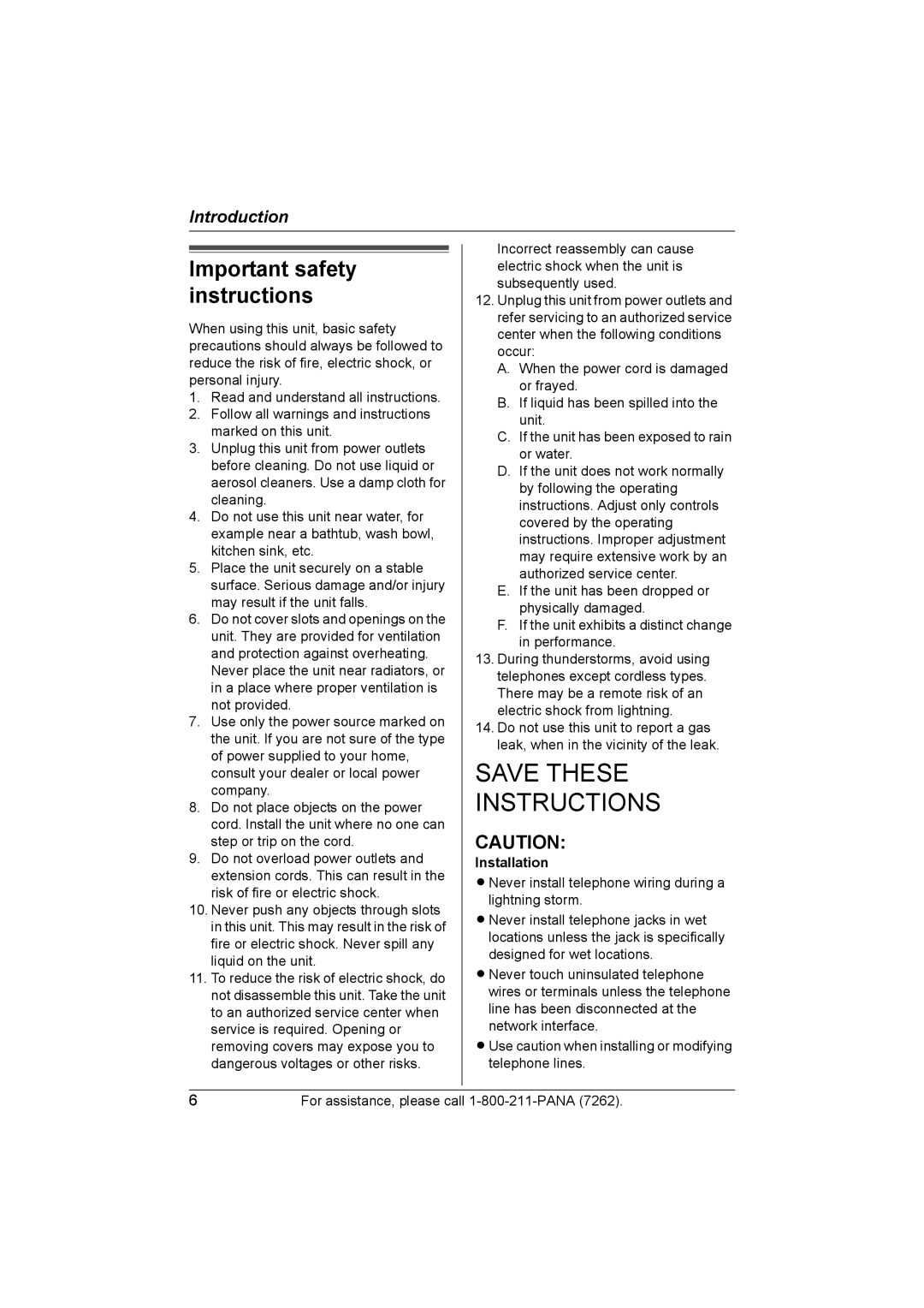 Panasonic KX-TG2420 operating instructions Important safety instructions, Installation 