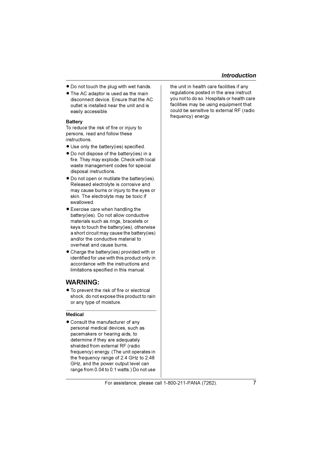 Panasonic KX-TG2420 operating instructions Battery, Medical 