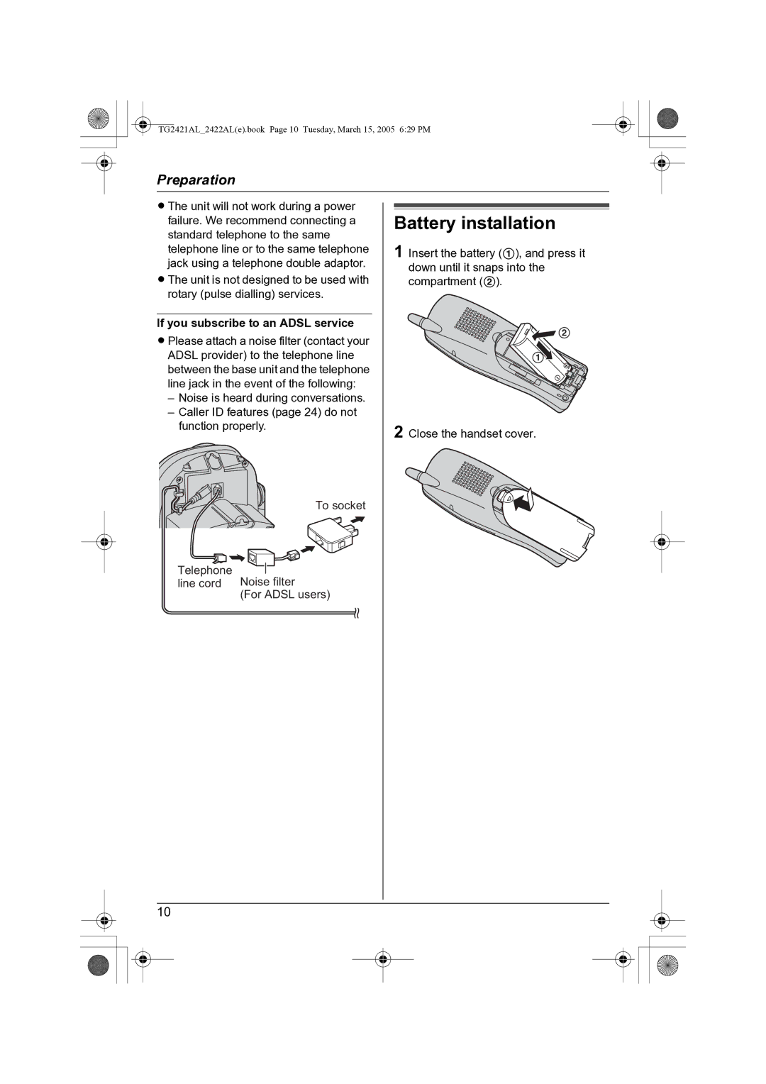 Panasonic KX-TG2421AL operating instructions Battery installation, If you subscribe to an Adsl service 