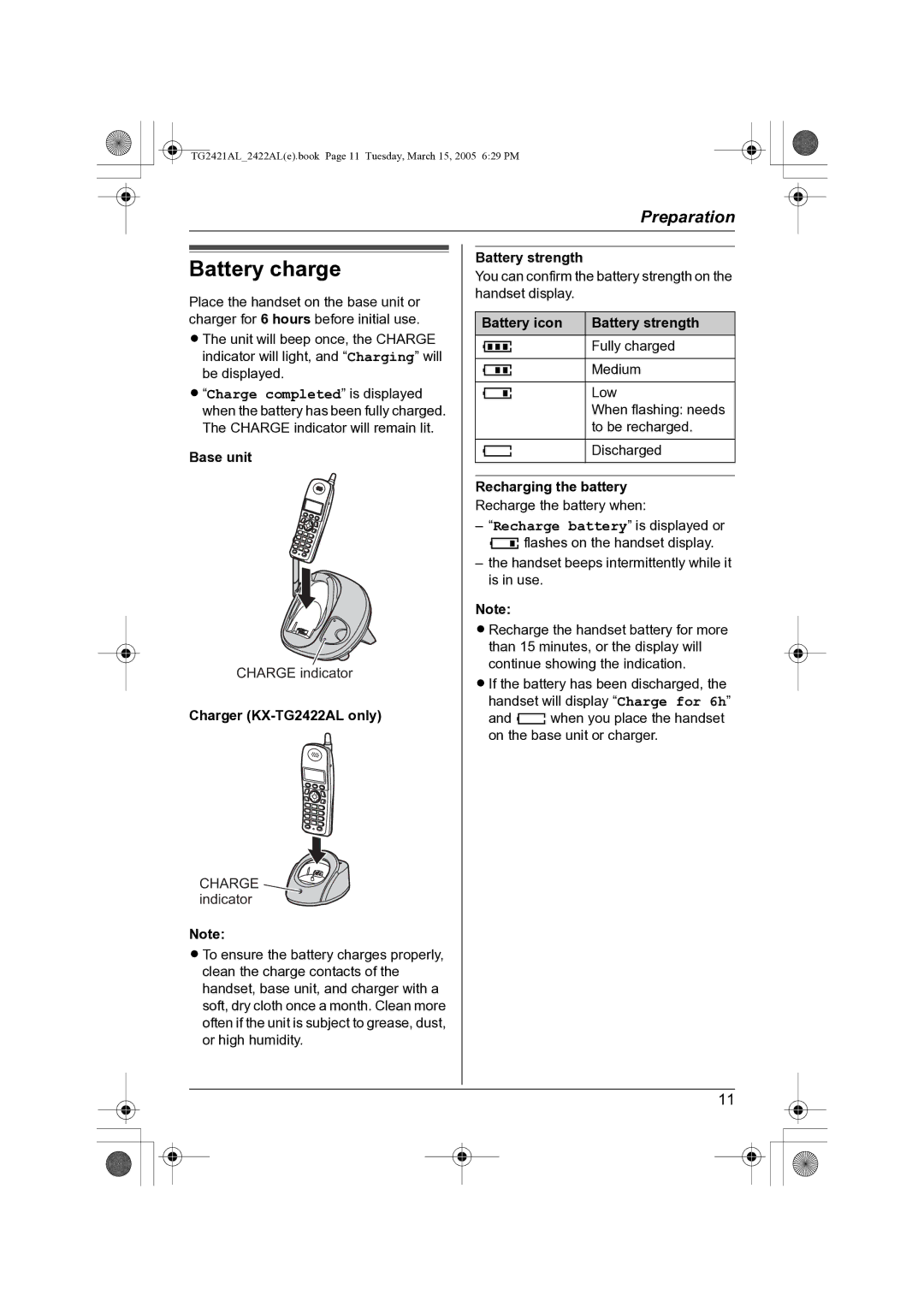 Panasonic KX-TG2421AL operating instructions Battery charge, Battery icon Battery strength, Recharging the battery 