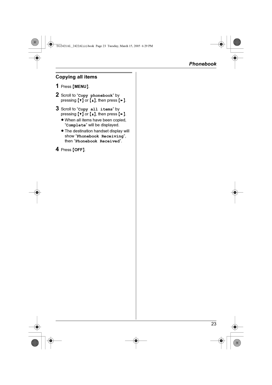 Panasonic KX-TG2421AL operating instructions TG2421AL2422ALe.book Page 23 Tuesday, March 15, 2005 629 PM 