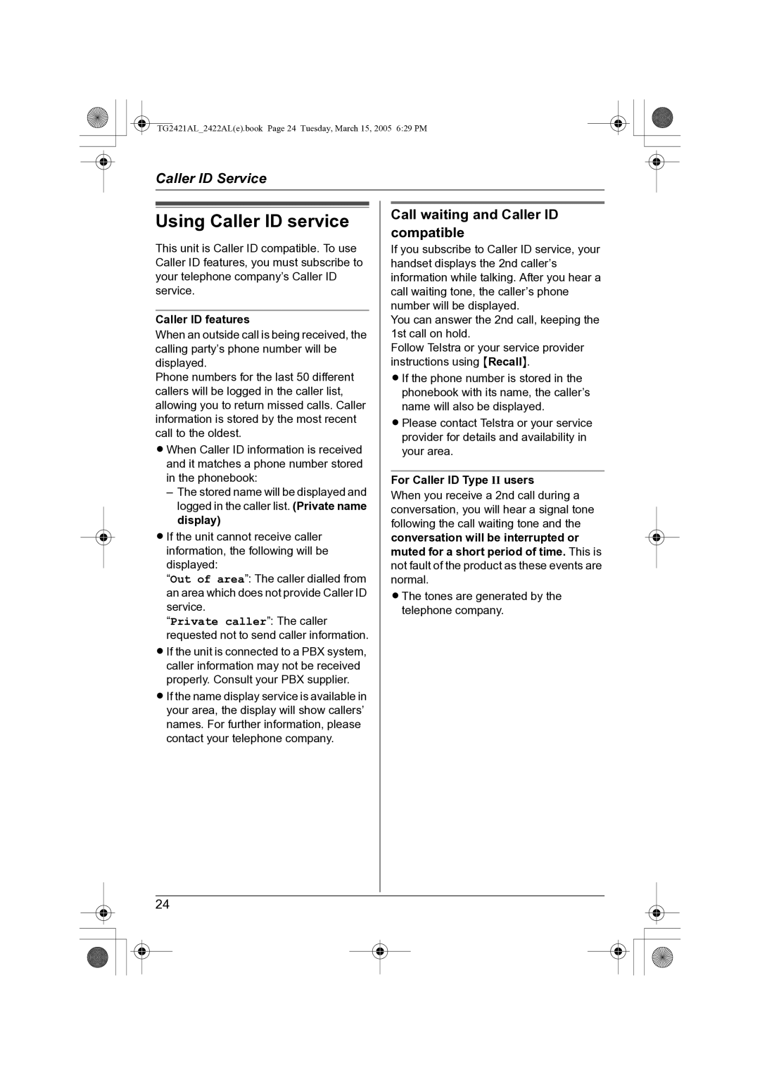 Panasonic KX-TG2421AL Using Caller ID service, Call waiting and Caller ID compatible, Caller ID features 