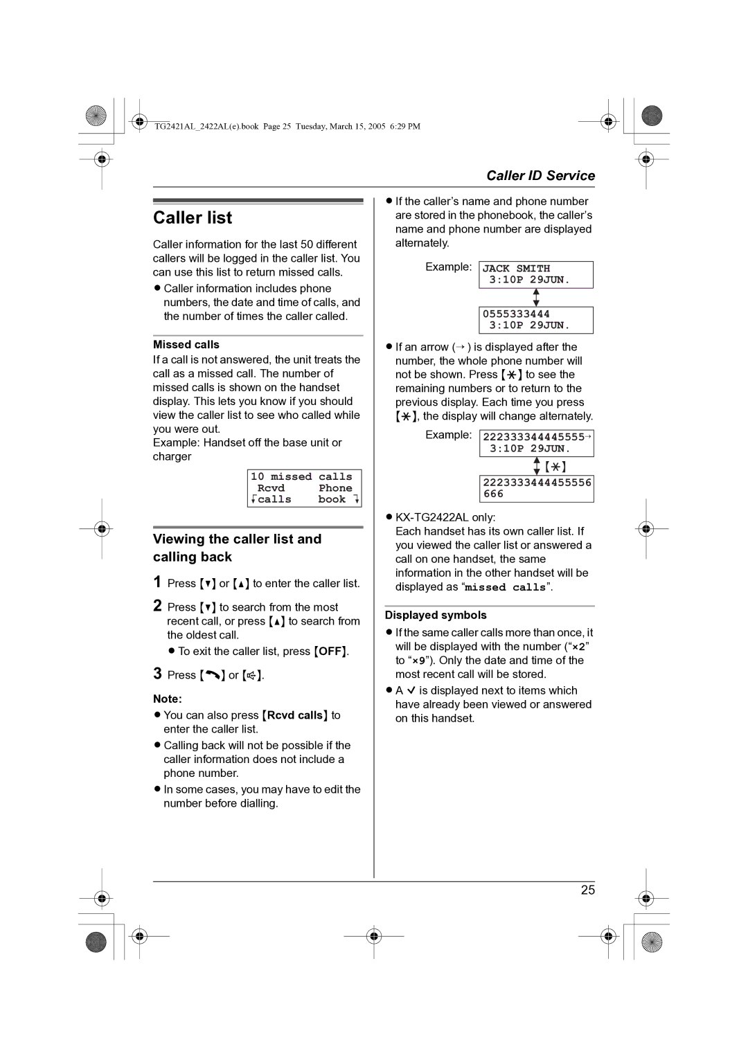 Panasonic KX-TG2421AL Caller list, Viewing the caller list and calling back, Missed Calls Rcvd Phone Kcalls Book L 