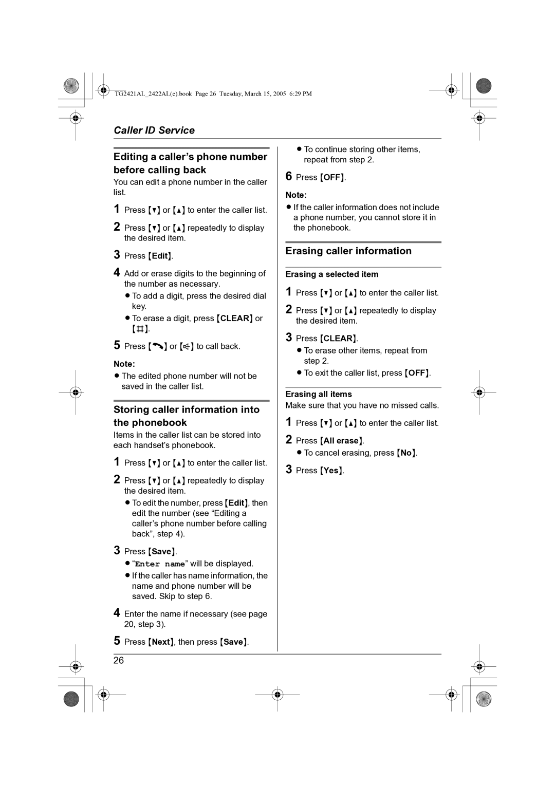 Panasonic KX-TG2421AL Before calling back, Erasing caller information, Storing caller information into, Erasing all items 
