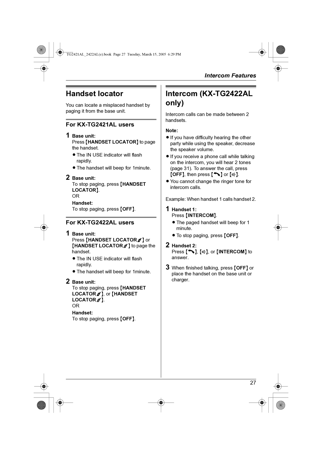 Panasonic Handset locator, Intercom KX-TG2422AL only, For KX-TG2421AL users, For KX-TG2422AL users 