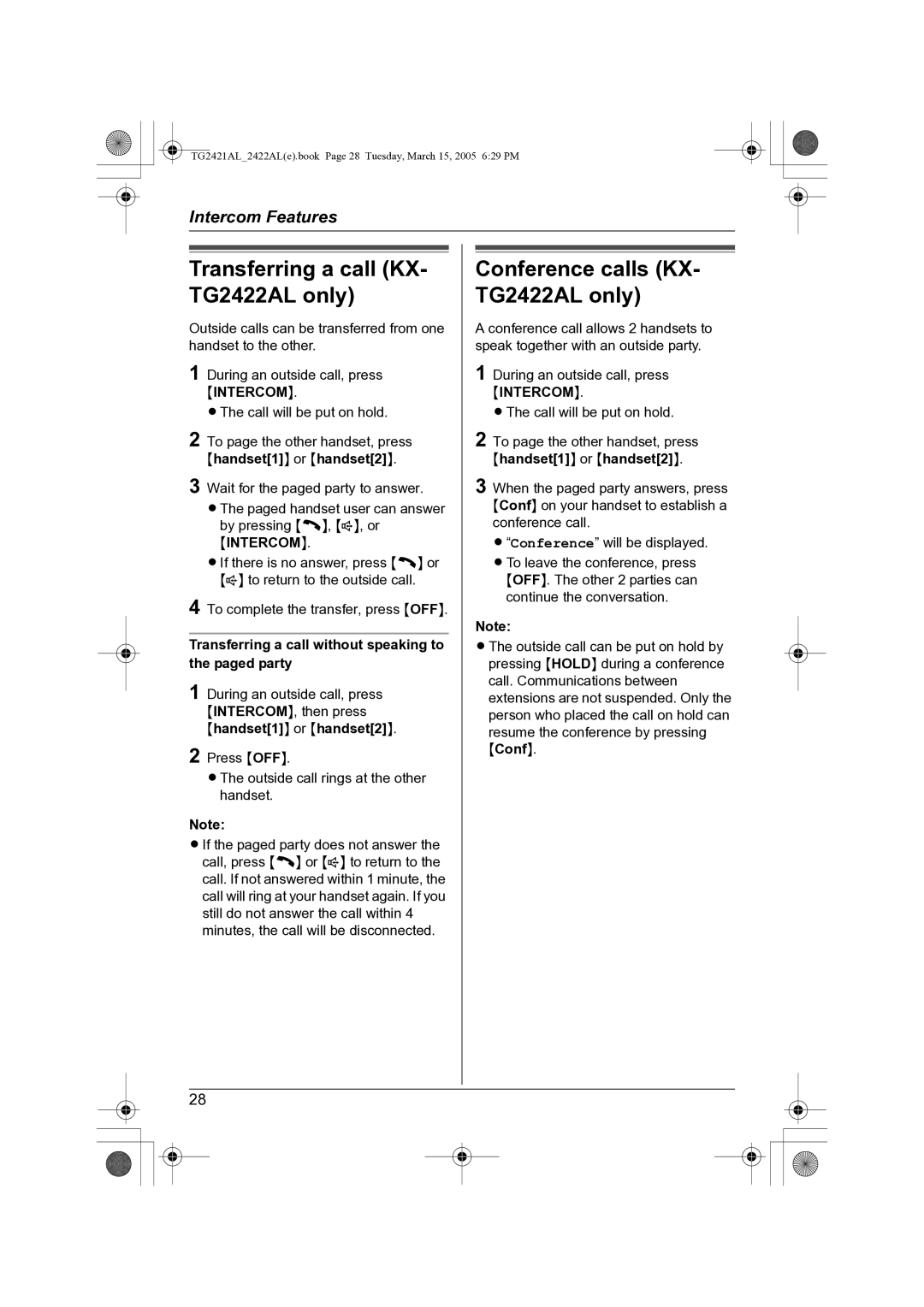 Panasonic KX-TG2421AL operating instructions Conference calls KX- TG2422AL only 