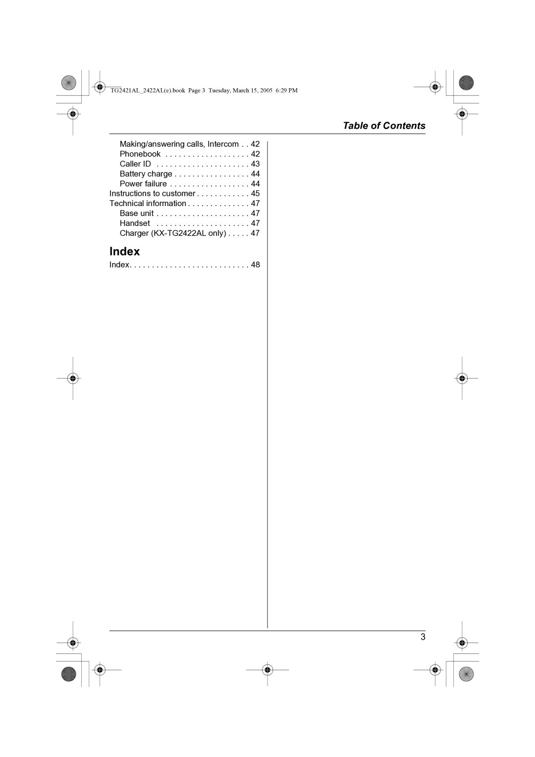 Panasonic KX-TG2421AL operating instructions Index 