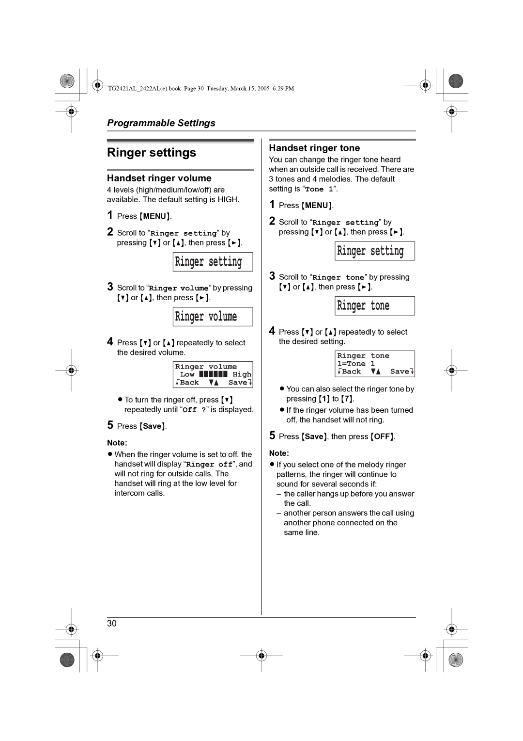 Panasonic KX-TG2421AL Ringer settings, Handset ringer volume, Handset ringer tone, Ringer volume Low High KBack dB SaveL 