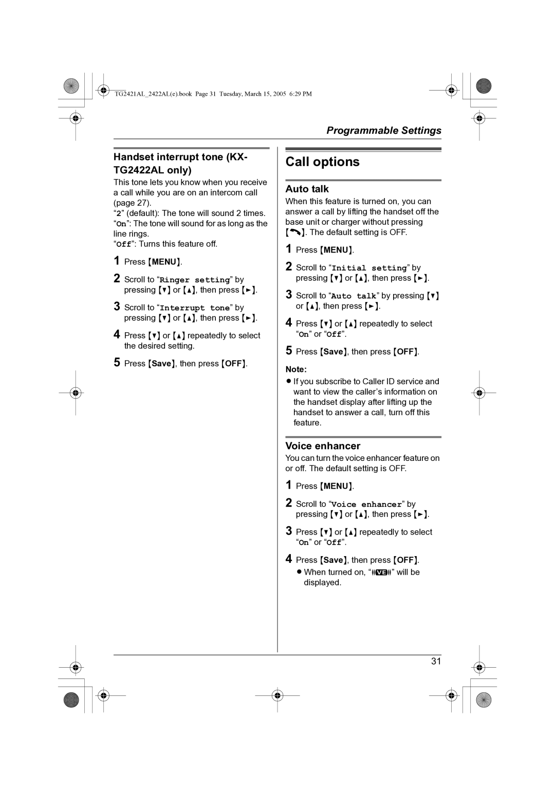 Panasonic KX-TG2421AL operating instructions Call options, Handset interrupt tone KX- TG2422AL only, Auto talk 