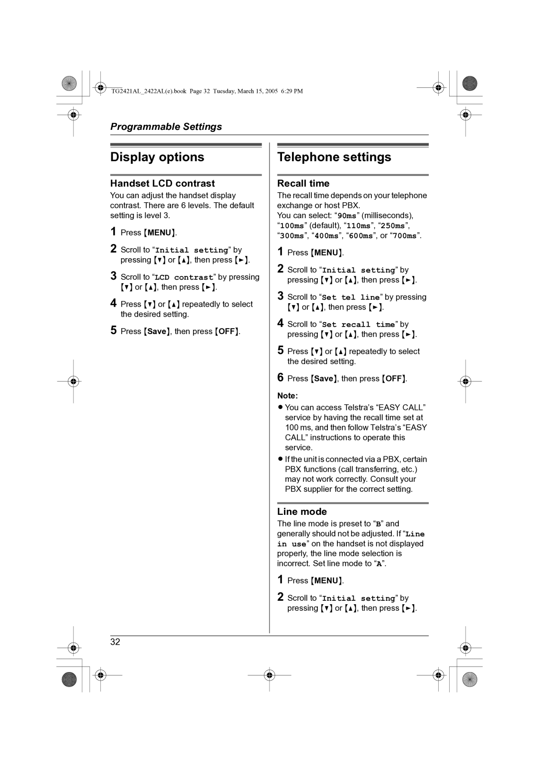 Panasonic KX-TG2421AL Display options, Telephone settings, Handset LCD contrast, Recall time, Line mode 