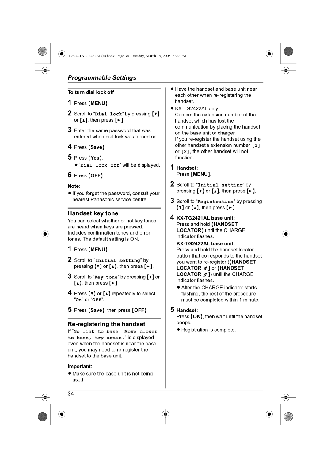 Panasonic KX-TG2421AL Handset key tone, Re-registering the handset, To turn dial lock off 1 Press Menu 